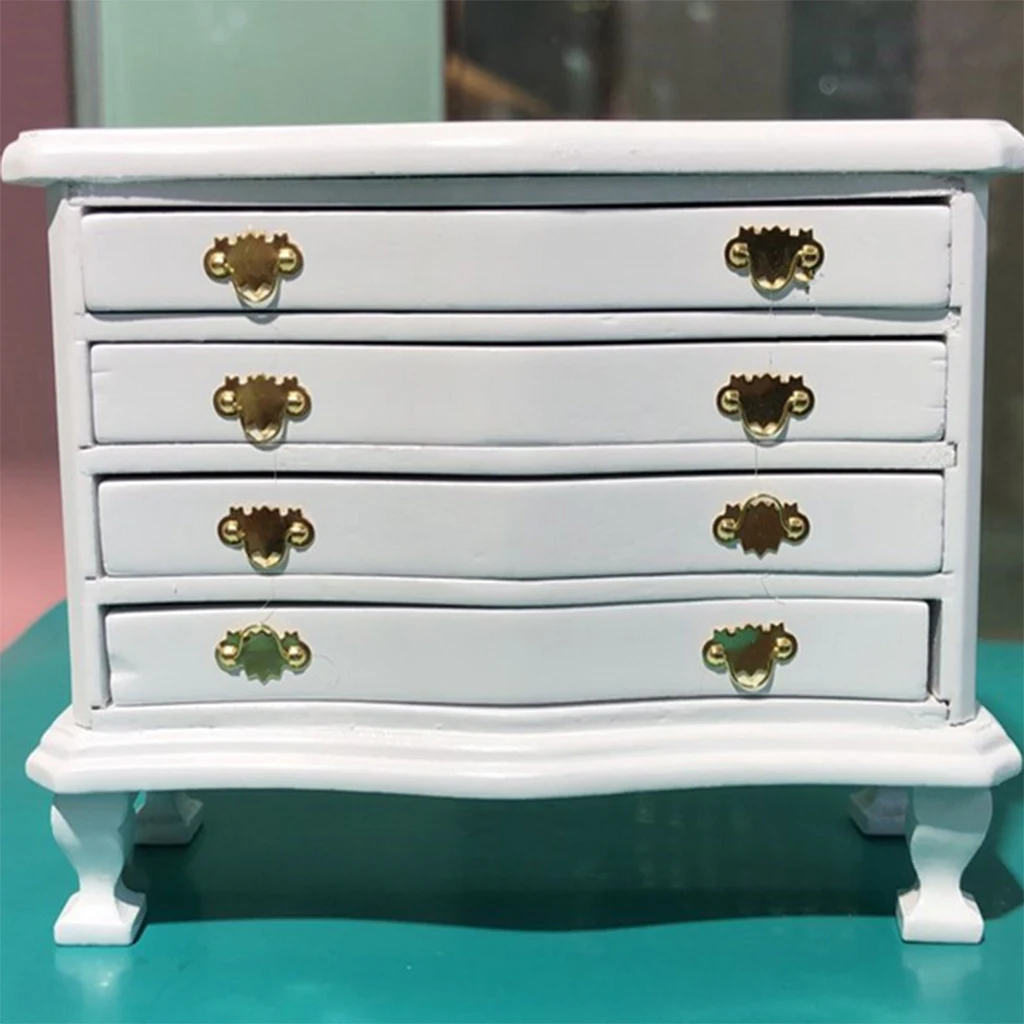2 Set 1/12 Miniature Wooden 4-Drawer Cabinet Dresser Furniture for Dolls House Any Room Accessories Annatto & White Color
