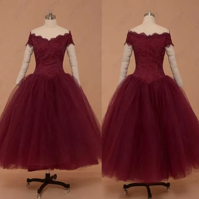 Vintage Tea Length Short Ball Gown Wine Red Burgundy Wedding Dresses Vintage Tea Length Short Ball Gown Wine Red Burgundy Wedding Dresses With Color 2016 Vestidos De
