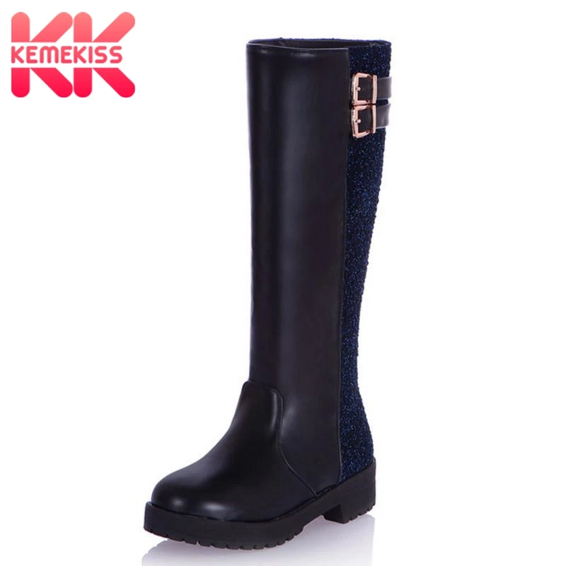 

KemeKiss Women Flats Boots Shine Patchwork Fur Knee High Boots Fashion Simple Warm Winter Shoes Women Footwear Size 34-40