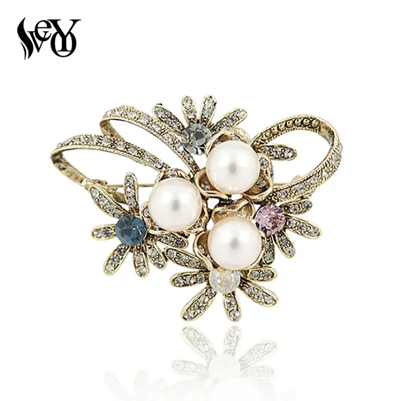 

VEYO Newest Imitation Pearl Rhinestone Crystal Flower Bridal Brooch Pins for Woman Hats Clips Corsages Brand Costume Jewelry