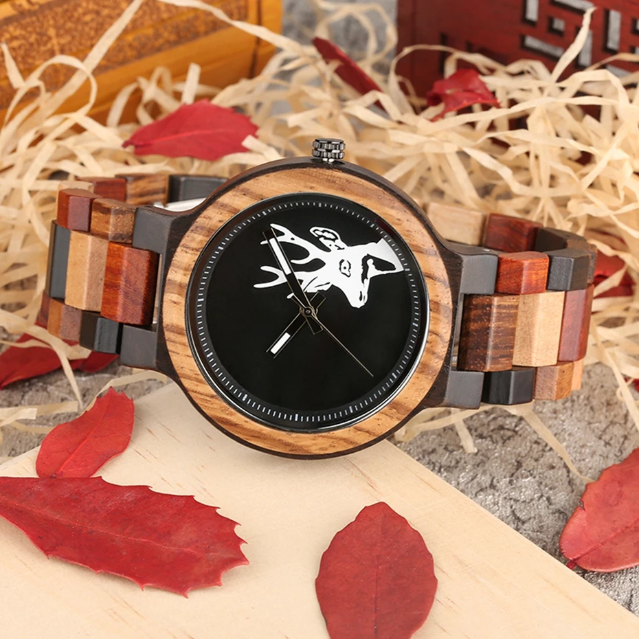 Natural Deer Head Elk Wood Watch Male Unique Mixed Color Full Wooden Watches Quartz Wristwatch Men Hours Clock Relogio Masculino (9)