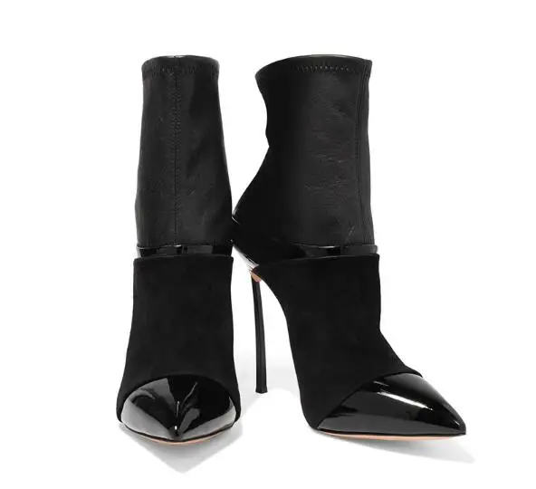 Big Size Black Patent Leather Patchwork Ladies Blade Heel Ankle Boots Stretch Leather Slip On Women Sexy Boots Party Boots