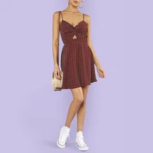 Broadcloth Spaghetti Strap Dot Print Ruffle Hem Knotted Red High Waist Strap Sleeveless Summer Women Dress Broadcloth Spaghetti Strap Dot Print Ruffle Hem Knotted Red High Waist Strap Sleeveless Summer Women Dress