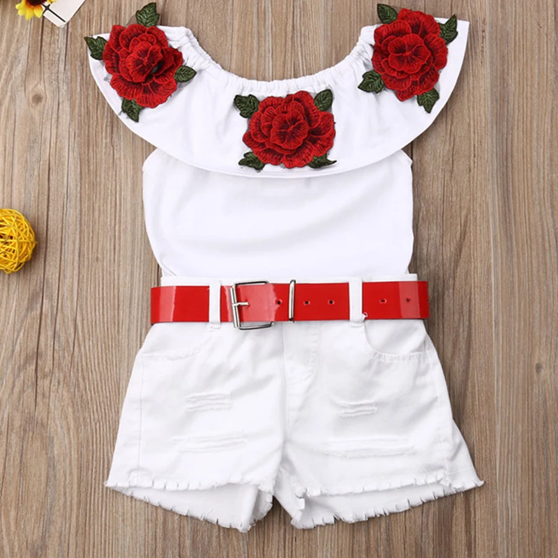 Одежда для девочек; Новинка года; Лидер продаж; Модный комплект для маленьких девочек; кружевная белая блузка+ красные шорты; комплект одежды; детская одежда