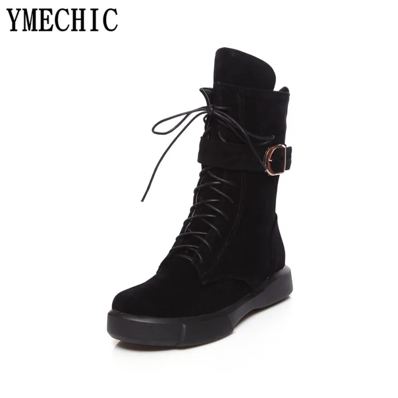 Женские армейские ботинки YMECHIC черные зеленые на плоской подошве с пряжкой