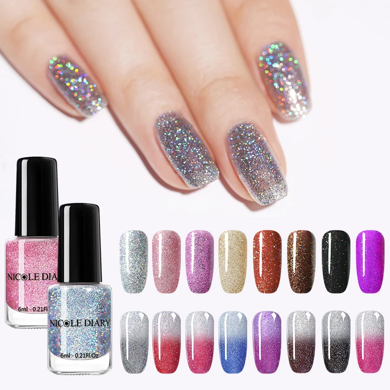 

NICOLE DIARY Rainbow Thermal Nail Polish Holographic Glitter Temperature Nail Art Lacquer Varnish Water-based Holo Oil