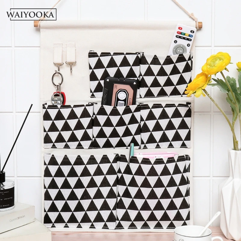 

7 Pockets Closet Foldable Cotton Simple Patterns Hanging Bags Door Pouch Bedroom Clothing Hanger Closet Shoes Toy Storage Pocket