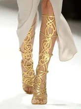 Newest Fashion Women Solid Gold Graphic Cut-out Open Toe Sandals Summer Knee High Gladiator High Thin Heel Party Shoes high quality women fashion open toe red suede leather platform sandals cut out gold straps gladiator sandals high heel sandals