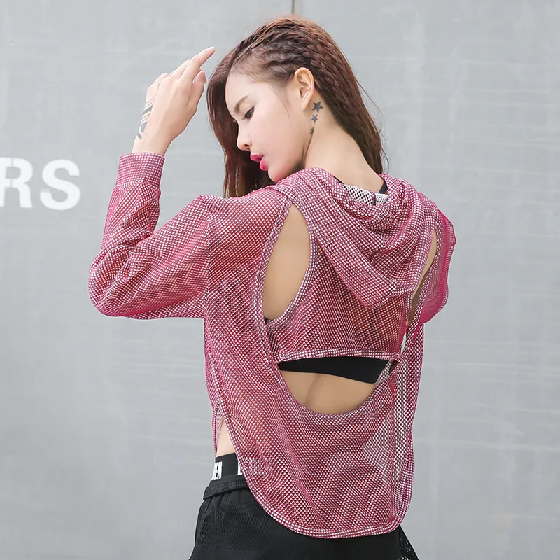 

2018 New Running Sport Shirts For Women Long Sleeve Hooded Yoga Sportwear Hollow Out Back Sexy Gym Sport Smock Tops Jacket