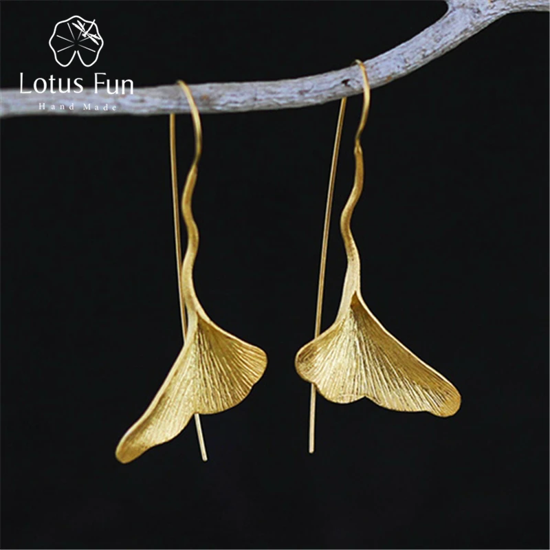 

Lotus Fun Real 925 Sterling Silver Natural Handmade Designer Fine Jewelry Vintage Ginkgo Leaf Drop Earrings for Women Brincos