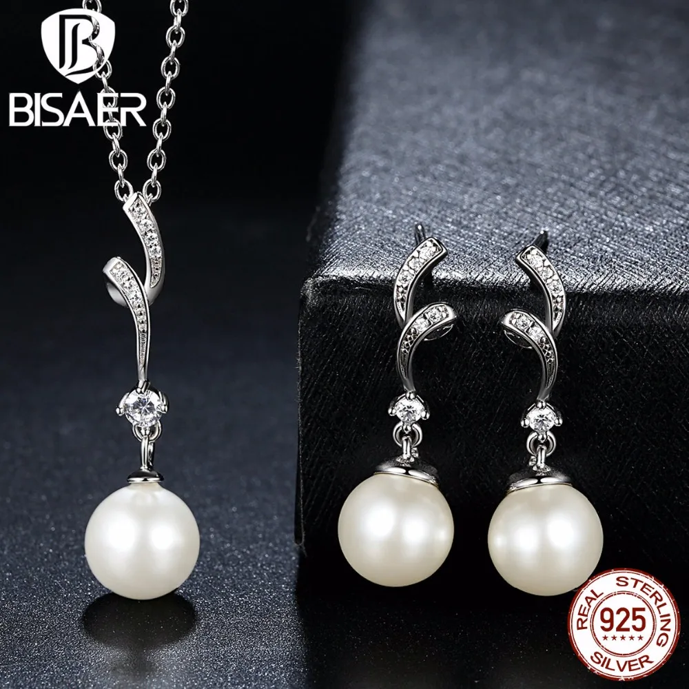 

BISAER Popular Elegant 925 Sterling Silver White Pearl Jewelry Set for Women Pendant Necklace & Earrings ECN048+ECE035