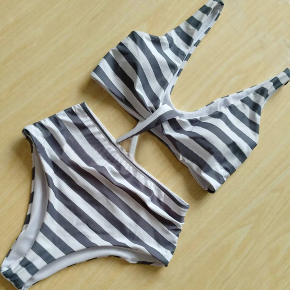 

Bikini Stripes Print High Waist Bikini Black And White Striped Bikini Swimwear Strapless Women Sexy Swimsuit Retro Bathing Suit