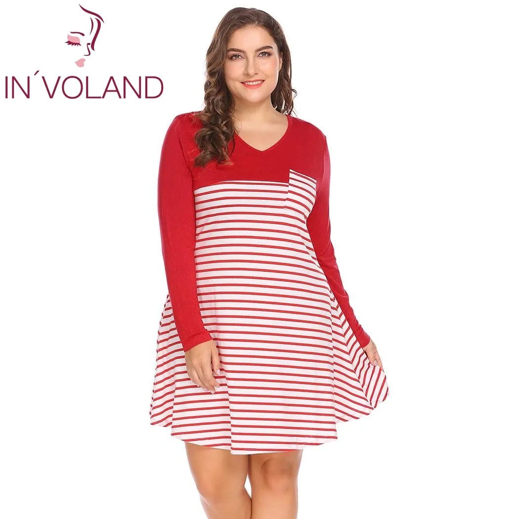 

IN'VOLAND Women Striped Dress Plus Size XL-5XL Spring Atumn V-Neck Large Loose Fit Tunic Dresses Vestidos Robe Pocket Big Size