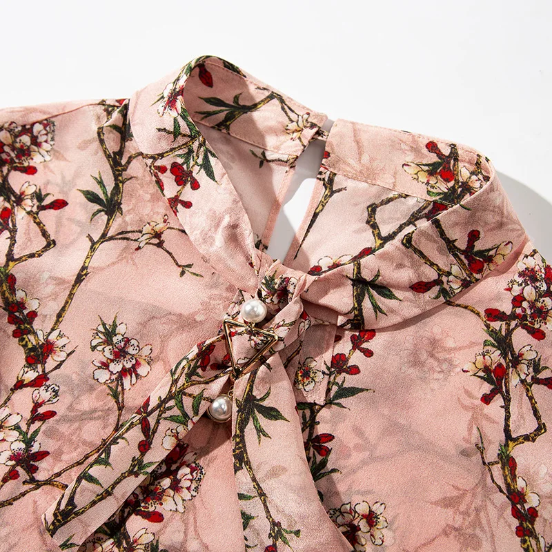 Qualité Key Floral Printemps trou Manches Nouveauté Rose Supérieure Chemisier À Pure Wyg 2019 Perle Soie Imprimé Longues Perles Pink Chemises Retour En xYwnOdSqz
