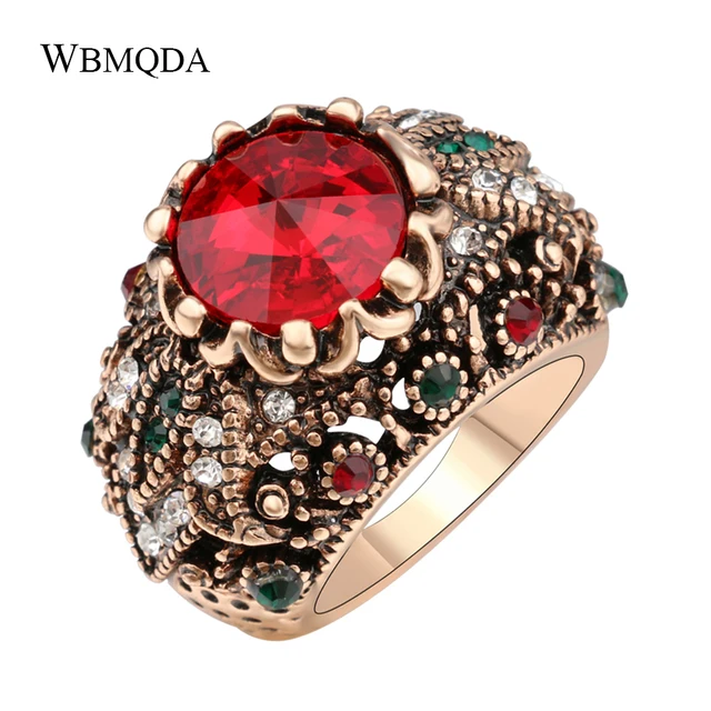 Luxury Boho Red Satellite Stone Crystal Antique Gold Ring Indian Turkish Jewelry Vintage Wedding Engagement Rings For Women