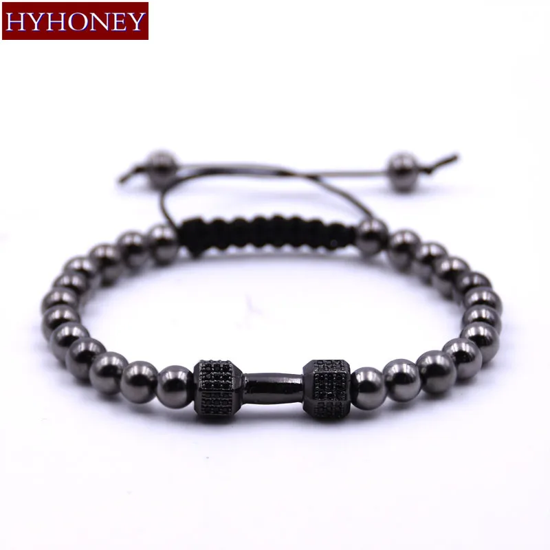 

HYHONEY New Braided Weaving Bracelets Micro Pave CZ Dumbbells Adjustable Bracelets & Bangles Men Jewelry pulseras