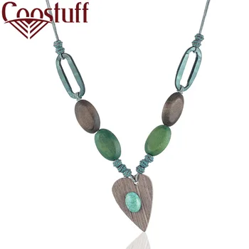 

Vintage Heart Pendant Women Jewelry Long Necklace Choker Green Wood Beads Pendant women collares mujer choker kolye bijoux femme