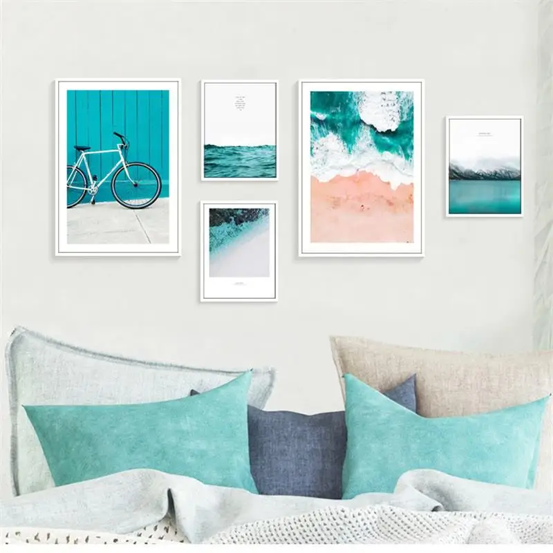

Nordic Modern Blue Style Hanging Painting Bike Blue Ocean Waves Beach Mountain Landscape Canvas Painting Home Decor Wall Art