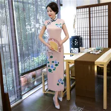 Women Elegant Rayon Sexy Chinese Dress Vintage Mandarin Collar Slim Long Cheongsam Traditional Print Flower Qipao M-XXXL