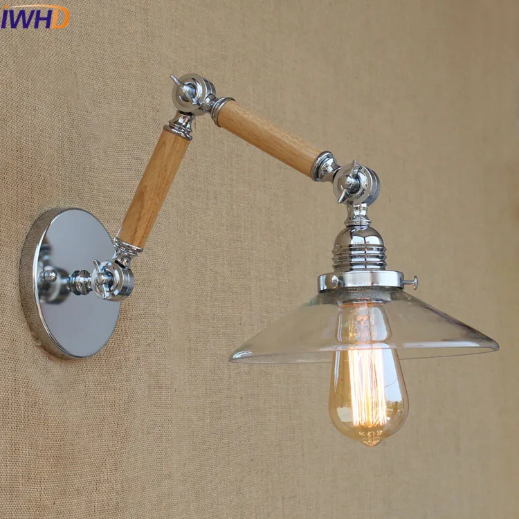 

IWHD Retro Wooden Sconce Wall Light Fixtures Loft Style Vintage Industrial Led Wall Lamp Glass Arandela Wandlamp Aplik Lamba