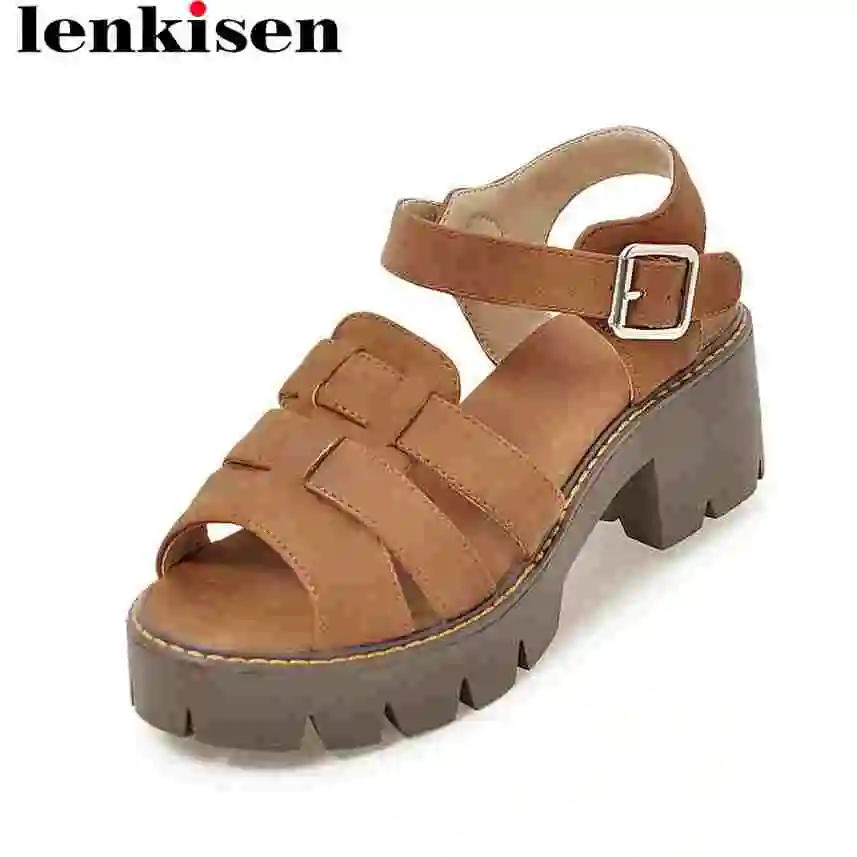

Lenkisen gladiator style plus size peep toe buckle strap brand leisure shoes med heels sandals campus shopping women shoes L17