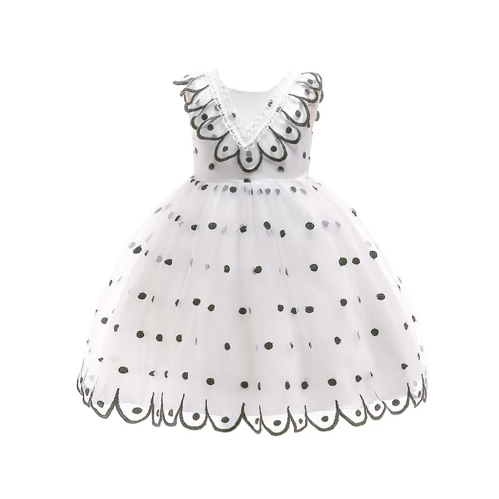 

girls dress sleeveless crew neck white a-line black point mesh zip on back ribbon bow kids cotton dress