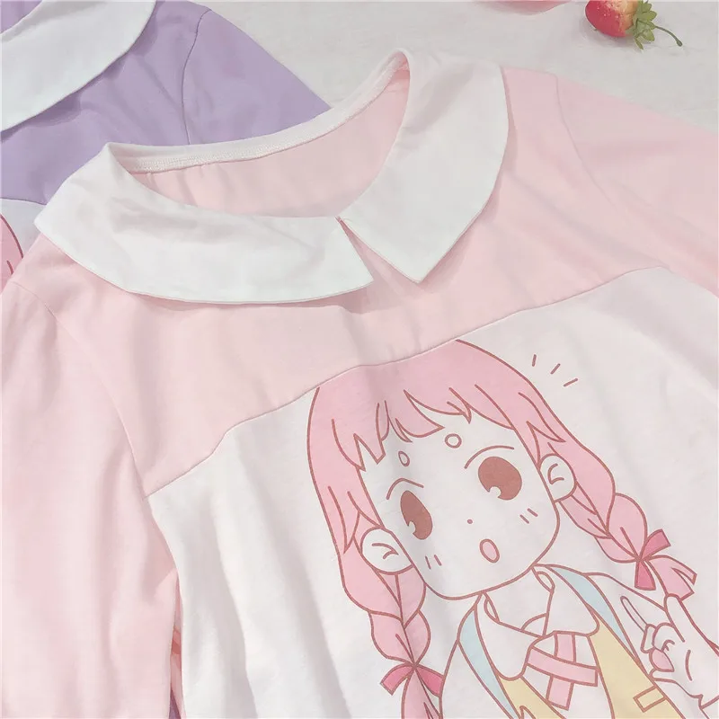 Корейский консервативный стиль, Милая футболка с принтом аниме для девочек футболка с короткими рукавами Студенческая футболка в стиле Харадзюку, топы с рисунками