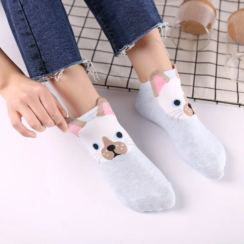 Новые женские хлопковые носки-башмачки с закрытым носком, женские носки с трехмерным рисунком кошачьей мордочки, хлопковые носки