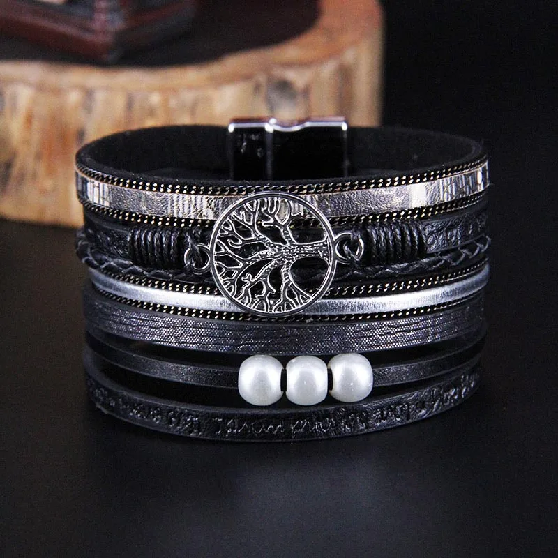 ZG популярный богемский жемчужный кожаный браслет с кристаллами, Женский многослойный браслет с магнитной пряжкой, женский браслет мира - Окраска металла: black