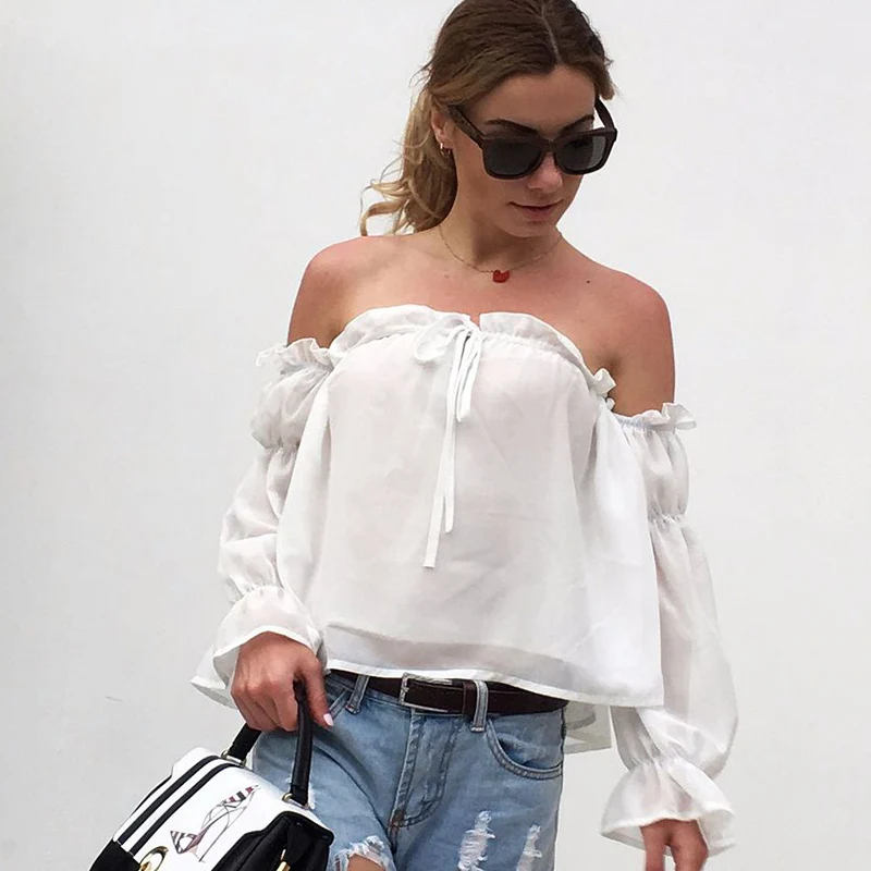 

Sexy Slash Neck Off Shoulder White Blouse Tops Women Pleated Chiffon Ruffle Blouses Casual Summer Long Sleeve Shirts Plus Size