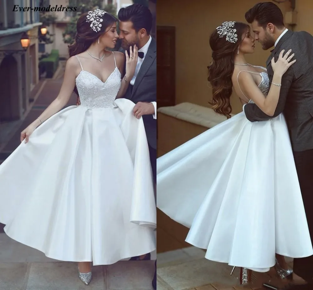 

2020 Simple Ankle Length Wedding Dresses Spaghetti Appliques Lace A Line Satin Arabic Bridal Gowns Robe De Mariee Cheap Custom