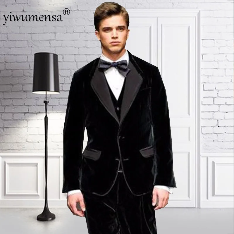 YWMS 372 Black Velour Jacket Pants Set Casual Slim Fit Men Suit