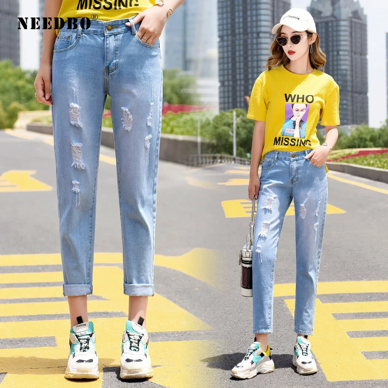 

NEEDBO Jeans Woman Plus Size High Waist Casual Women Trousers Pant Ripped Jeans for Women Light Blue Boyfriend Jeans for Women