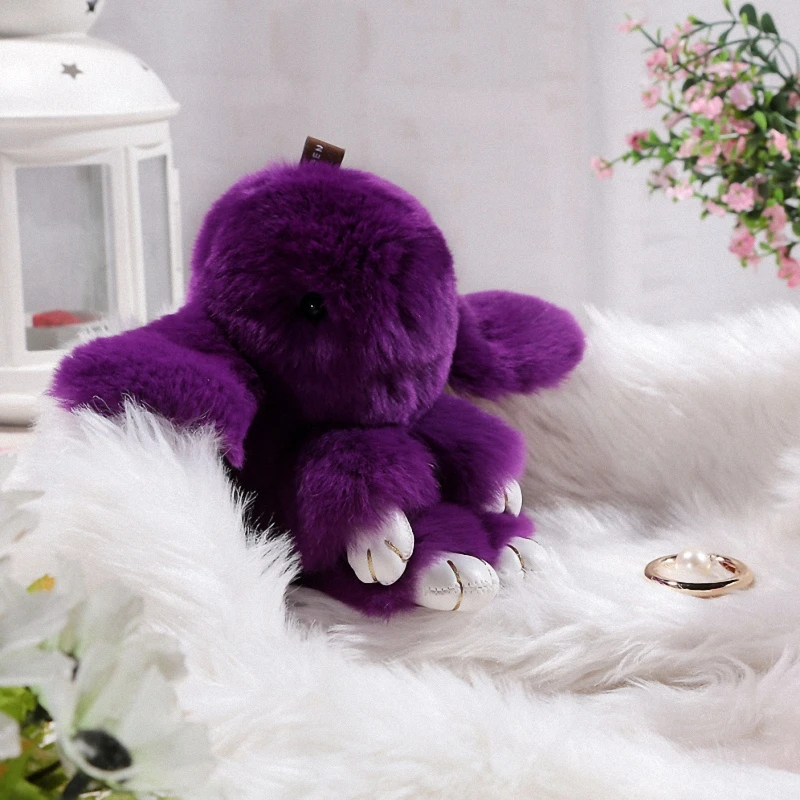 

18cmRex rabbit Furs Keychain Pendant Bag Car Charm Cute Mini Rabbit ToyDoll Real Fur Keychains Women Bag Keychain K015-purple