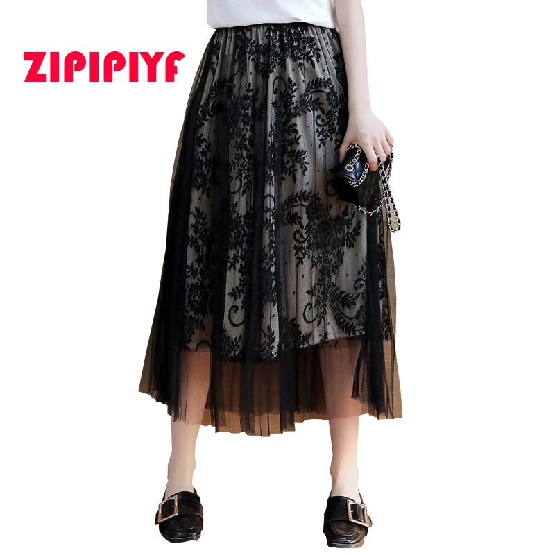 ZIPIPIYF Bohemian Skirt Women Vintage Long Skirt Ladies Elegant Black