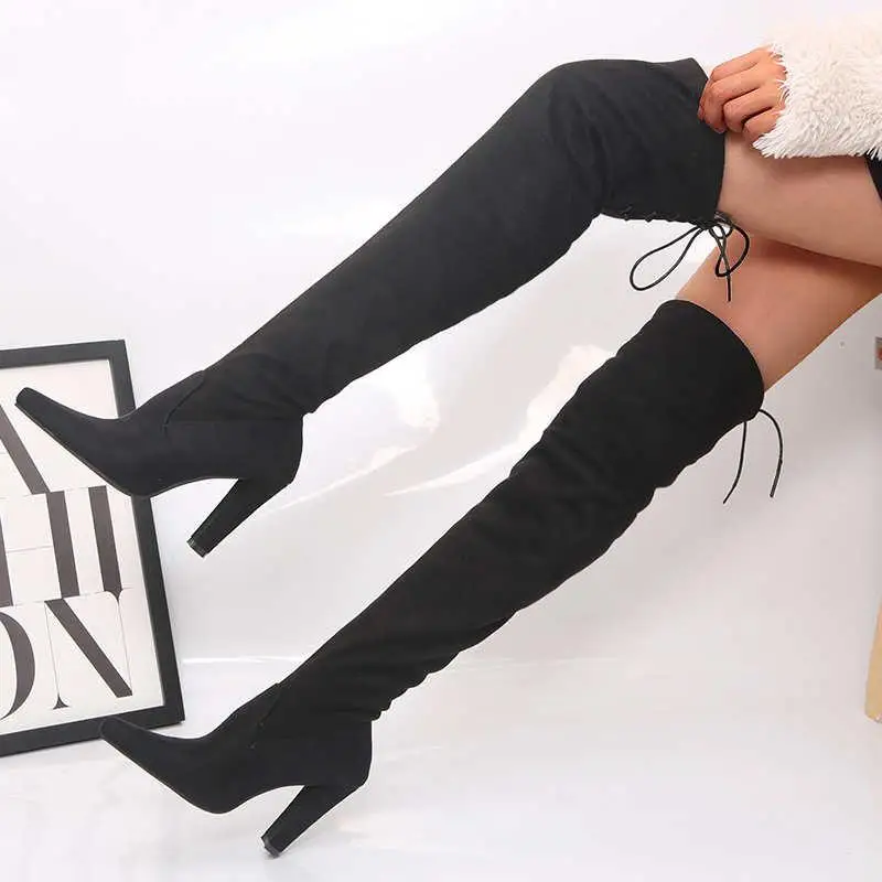 Г. Модная подиумная стелька из эластичной ткани, ботинки женские ботфорты с острым носком, выше колена, на каблуке, до бедра, с острым носком женская обувь,#3 - Цвет: Black