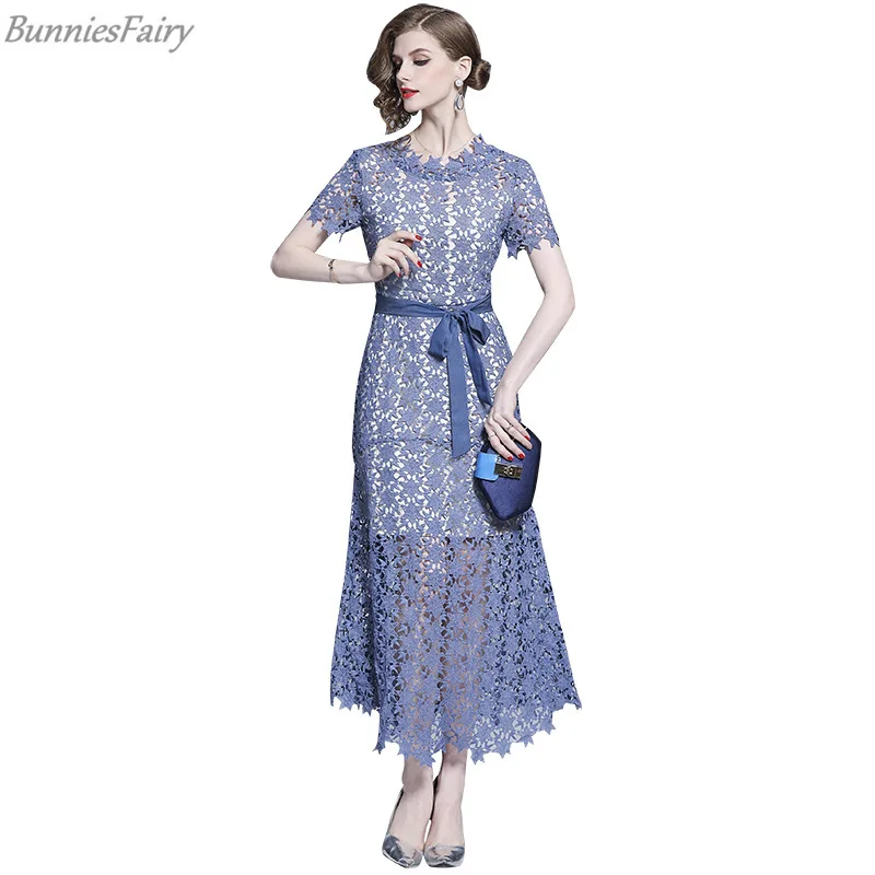 

BunniesFairy 2019 Autumn Women Elegant Hollow-out Gray Blue Water-soluble Floral Lace Midi Dress Back O-neck Slim Evening Party
