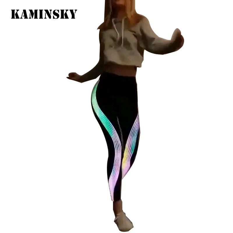 

Kaminsky Black Leggings Women Fashion Polyester High Waist Ankle-Length Pants Glowing Stripe Push Up Sportwear Girl Leggings