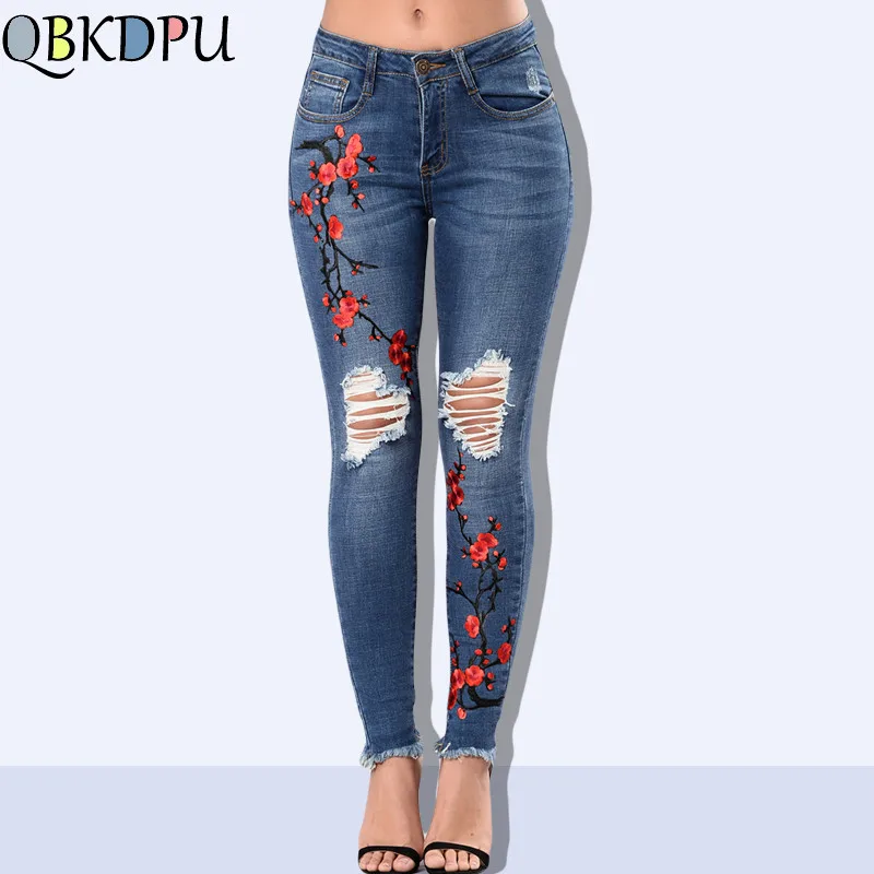 valor almuerzo aleación Pantalones vaqueros elásticos con flores bordadas para mujer, pantalones  vaqueros ajustados para mujer, novedad de 2019, pantalones vaqueros con  diseño de ciruela rasgada para mujer - AliExpress Ropa de mujer