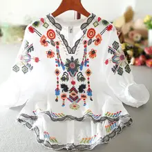Летняя модная Тяжелая промышленная Цветочная блузка женская винтажная рубашка с v-образным вырезом и рукавами-фонариками