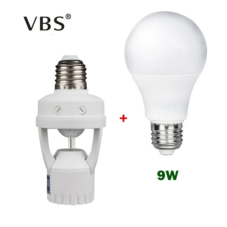 

9W 220V E27 Led Bulb Lamp + High Sensitivity PIR Motion Sensor Lamp Base Holder with light Control Switch Bulb Socket Adapter