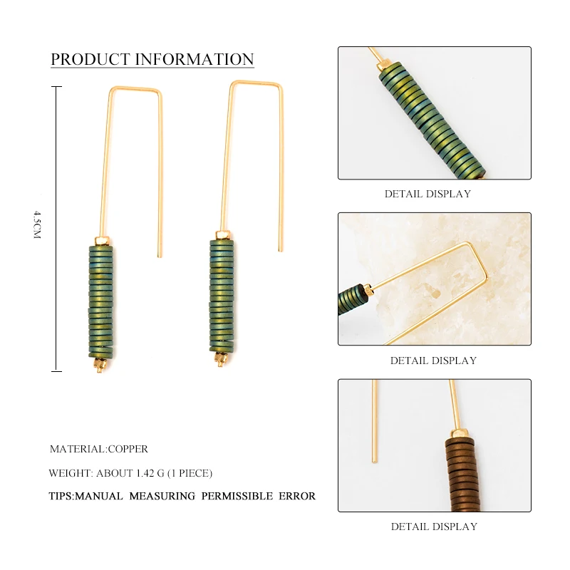 Дикие и свободные Винтажные серьги ручной работы с зеленым/коричневым камнем, геометрические Висячие серьги высокого качества с золотым крючком, длинные серьги с бусинами для женщин