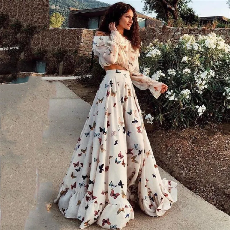 

2018 Women Autumn Spring Sexy Print Dress Party Vintage Elegant Casual Fashion White Maxi Dress and Tops Plus Size 2pcs/set