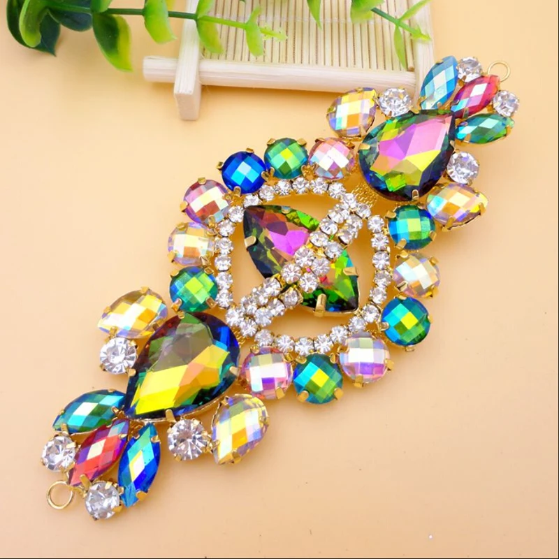 

Dress Appliques 5.5x12.8cm Glass+Resin Strass Rainbow Gold Base Rhinestone Appliques For Wedding Dresses