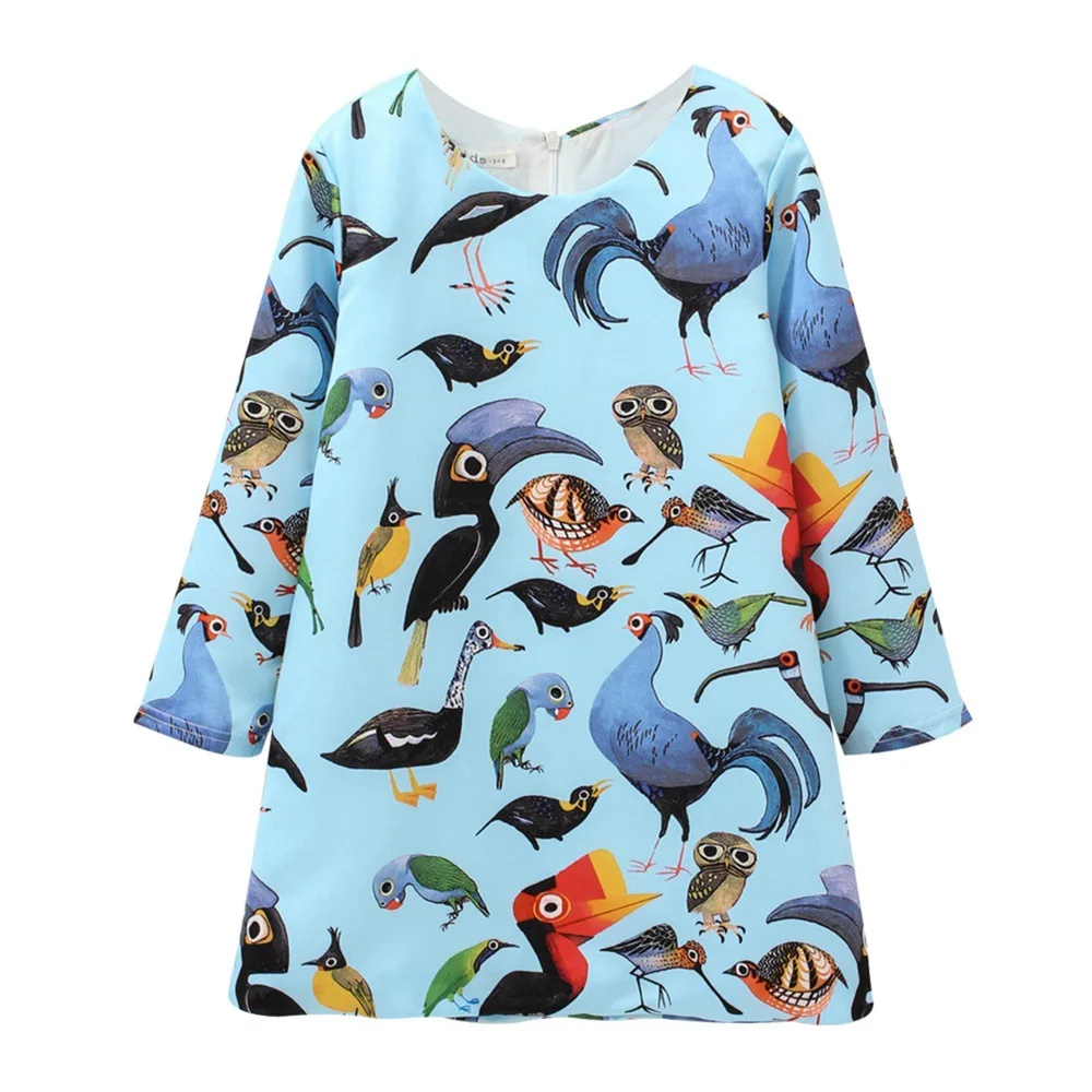 

Girls dress 2018 brand cartoon printing parrot pattern children's clothes European&American style long-sleeved dress girls wear
