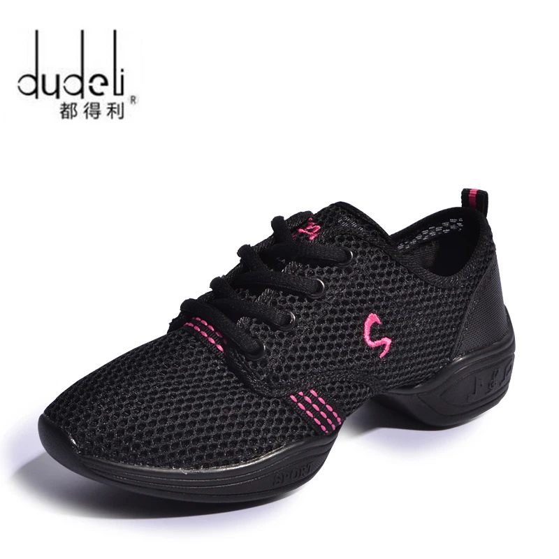 DUDELI/Современные кроссовки для джазовых танцев; женские дышащие сетчатые кроссовки на шнуровке; обувь для занятий танцами; Легкие кроссовки для фитнеса с амортизацией - Цвет: BLKred