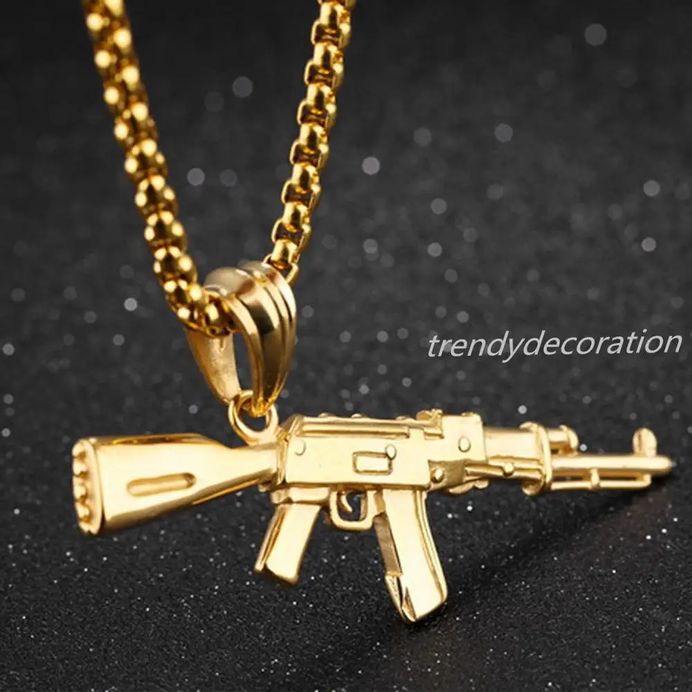 Для мужчин Ожерелья для мужчин золото-цвет AK-47 нападение пистолет винтовка кулон Цепочки и ожерелья Нержавеющая сталь хип-хоп велосипед Военная Униформа Модные украшения - Окраска металла: gold