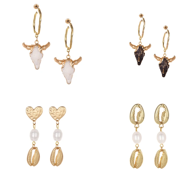 

2019 Heart Punk Gold Sea Shell Drop Earring For Women Beach Summer Maxi Statement Pearl Resin Bull Earring Wedding Boho Jewelry