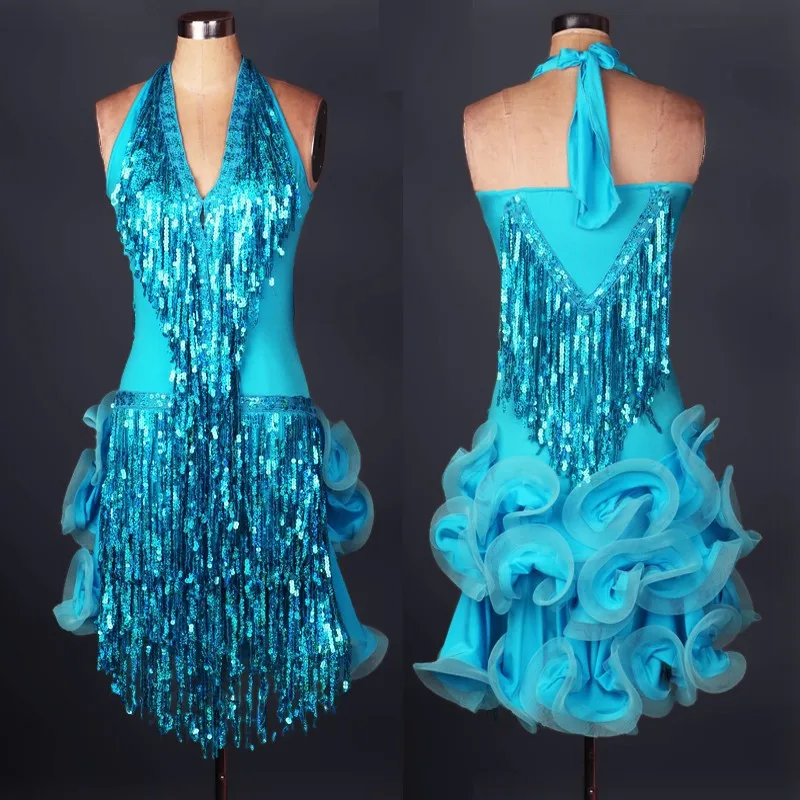 TurquoisHalfBackless Латинский Танцы платье Зеленый Профессиональный костюм для женщин fringe samba Костюм красочные женские Танцевальный зал состязание платья кисточки - Цвет: TurquoisHalfBackless