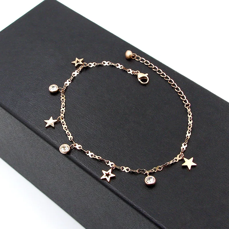 Hot Cute 8 Shape Chain Four Stars Three Crystal Woman Anklets High Quality Titanium Steel Rose Gold Color Woman Like Anklet Gift Hot Cute 8 Shape Chain Four Stars Three Crystal Woman Anklets High Quality Titanium Steel Rose Gold Color Woman Like Anklet Gift